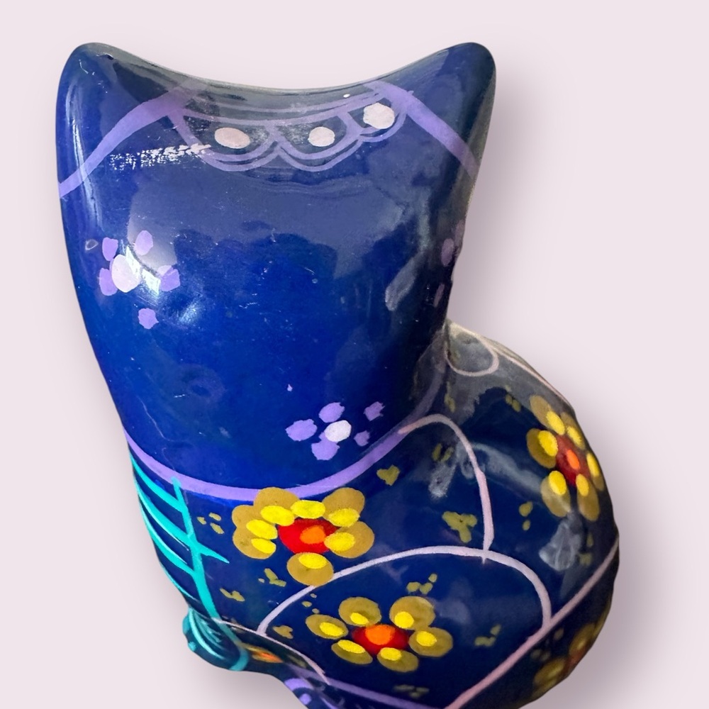 Vintage Hand Painted Ceramic Mexican Folk Art Talavera Cat Figurine With Flowers - Picture 7 of 13
